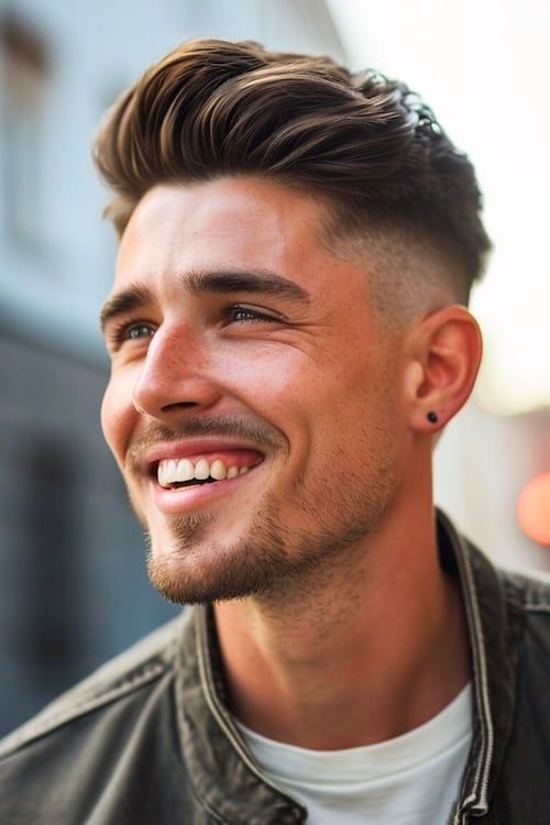 Moderno pompadour mens peinado corto en el hombre sonriente con el pelo oscuro.