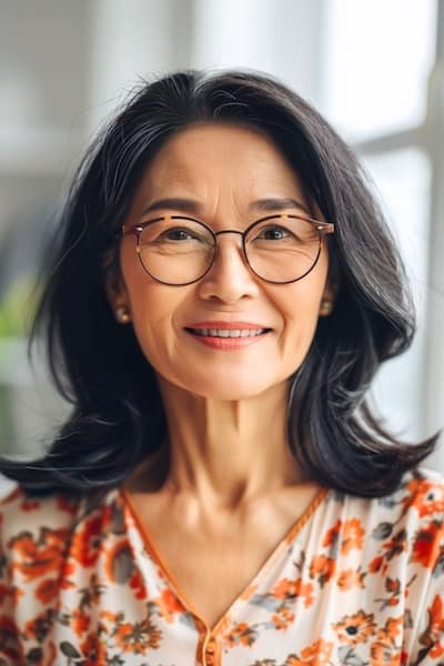 Peinado largo hasta los hombros con puntas abiertas para mujeres de más de 50 años con gafas.