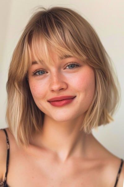 Blunt Bob Peinado de media longitud con flequillo.