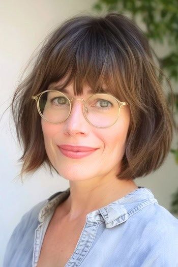 Bob a la barbilla con flequillo Peinado corto para mujeres de más de 50 años con gafas.