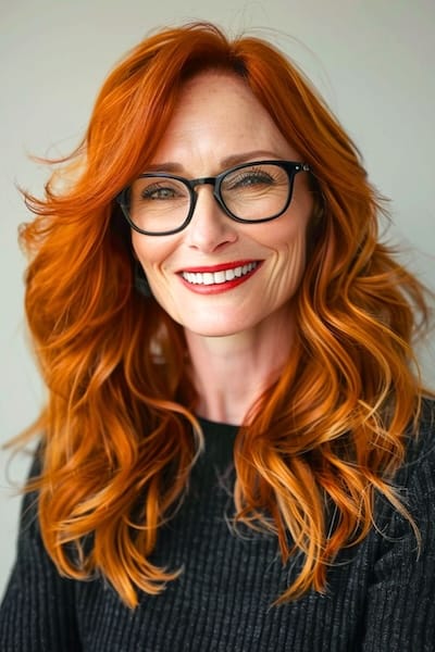 Peinado con ondas cobrizas para mujeres de más de 50 años con gafas.