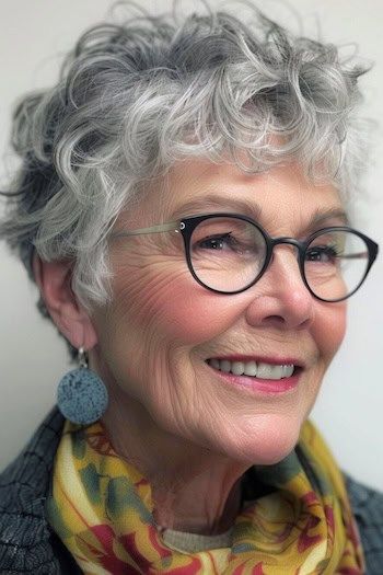 Peinado Pixie Sal y Pimienta para mujeres de más de 70 años con gafas.