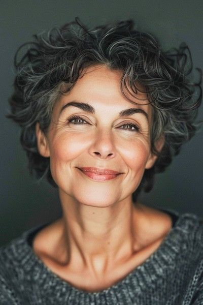 Corte de pelo corto rizado gris Pixie para mujeres mayores de 60 años.