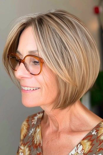 Peinado Bob en ángulo para mujeres de más de 70 años con gafas.