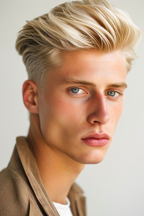 Corte de pelo rubio corto cepillado en hombre joven.