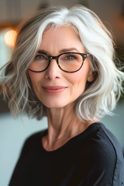 Peinado Bob en capas con textura para mujeres de más de 50 años con gafas.
