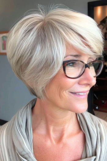 Pixie Bob Peinado Corto Para Mujeres Mayores De 50 Con Gafas.
