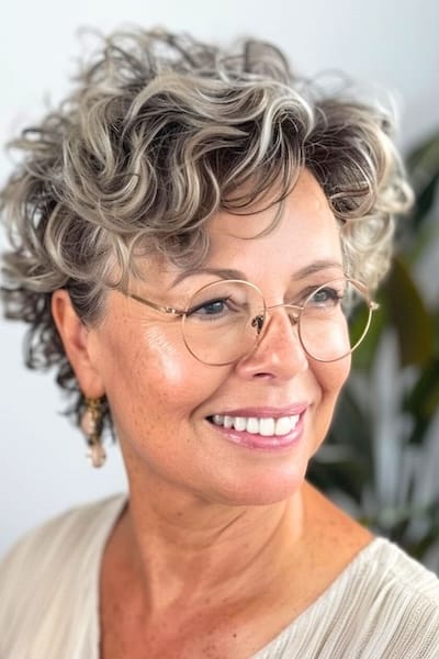 Peinado corto de corte rizado para mujeres de más de 40 años con gafas.