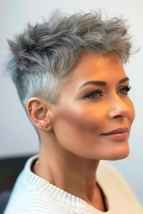 Pixie plateado con corte inferior en mujer mayor.