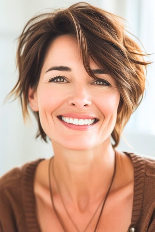Corte de pelo pixie texturizado en mujer sonriente de 40 años.