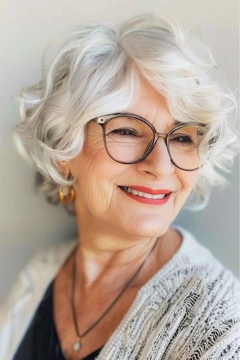 Peinado con ondas al mentón para mujeres de más de 70 años con gafas.
