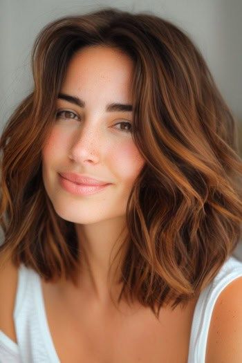 Castaño Oscuro con Castaño Dorado Balayage Hair Color Idea.