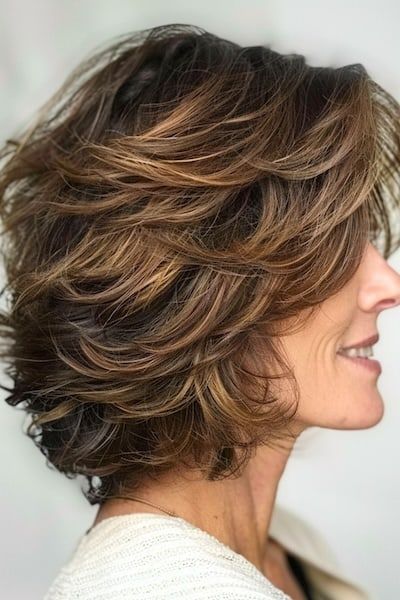 Peinado a capas con plumas para mujeres de más de 50 años con pelo grueso.