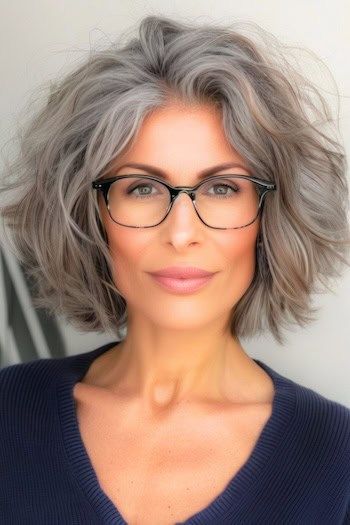 Ondas grises en capas Peinado corto para mujeres mayores de 50 años con gafas.