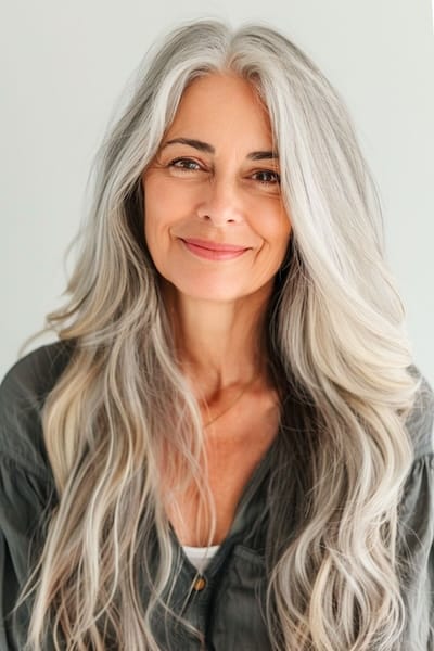 Peinado largo con ondas plateadas para mujeres de más de 70 años.