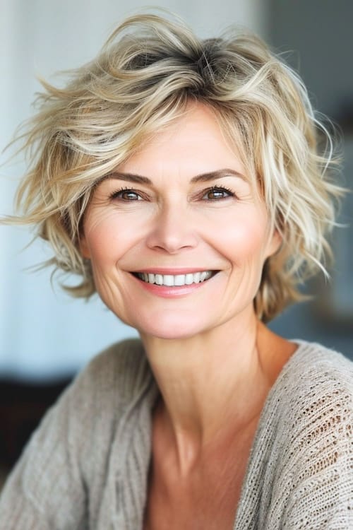 Corte de pelo rubio corto en una mujer sonriente de unos 40 años.