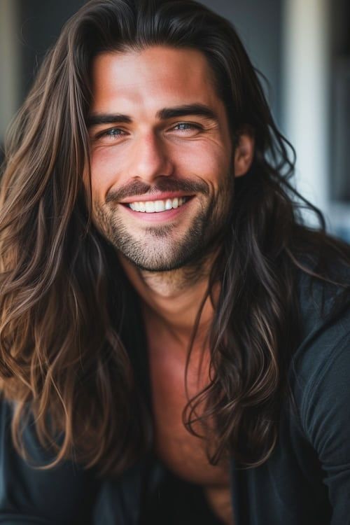 Corte de pelo largo estilo surfista en hombre atractivo.
