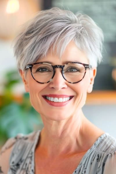 Peinado Pixie texturizado para mujeres de más de 50 años con gafas.