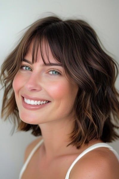 Wavy Bob with Wispy Bangs Peinado de media melena con flequillo.