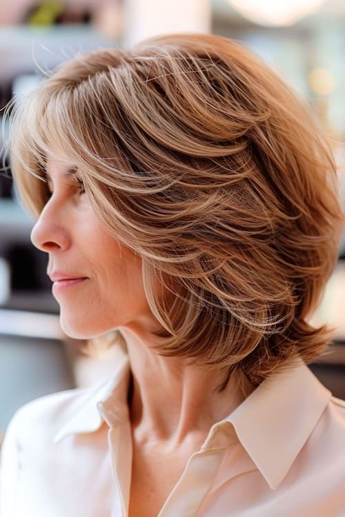 Precioso corte recto con plumas en una mujer de unos 40 años, vista lateral.