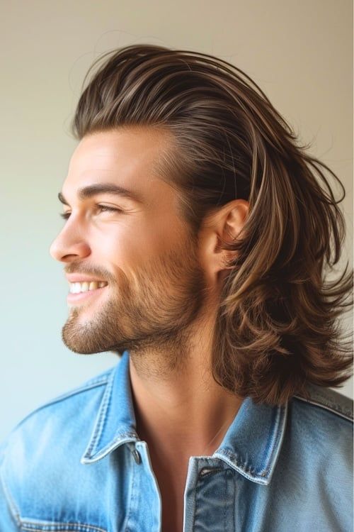 Peinado pompadour largo en hombre sonriente.