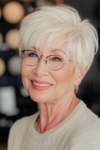 Peinado Pixie a trozos platino para mujeres de más de 70 años con gafas.