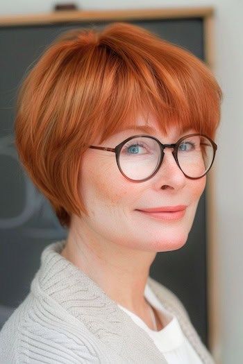 Retro Layered Bob Peinado corto para mujeres mayores de 50 años con gafas.
