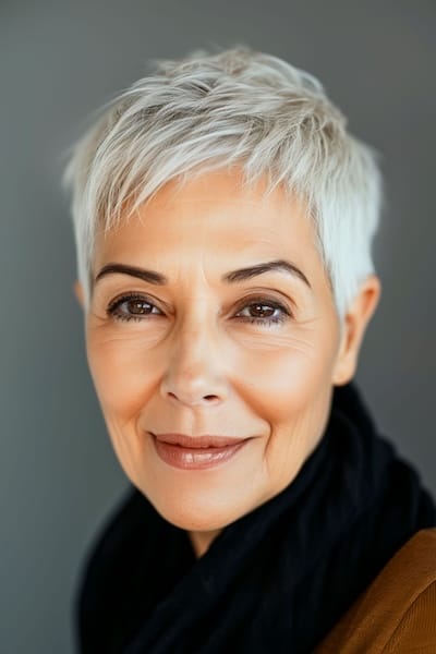 Corte de pelo Pixie corto a capas para mujeres de más de 60 años.