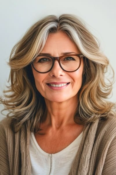 Peinado a capas hasta los hombros con mechas para mujeres de más de 50 años con gafas.