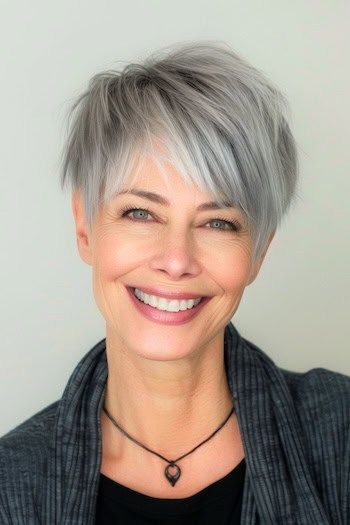 Peinado Pixie Gris Liso para Mujeres Mayores de 50 con Cabello Fino.