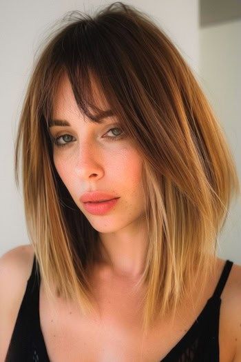 Lob angular con flequillo Wispy peinado para el cabello fino.