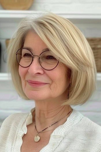 Peinado Bob con flequillo a un lado para mujeres de más de 70 años con gafas.