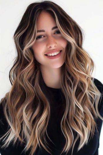 Cabello castaño oscuro con rubio claro Balayage Hair Color Idea.