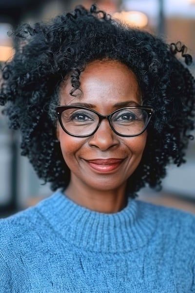 Peinado con bucles naturales para mujeres de más de 50 años con gafas.