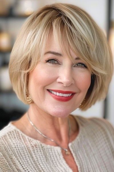 Bob corto con flequillo Peinado para mujeres mayores de 50 años con el pelo grueso.