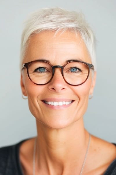 Peinado Pixie ultracorto para mujeres de más de 40 años con gafas.
