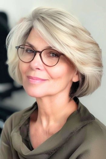 Capas voluminosas con flequillo barrido de lado Peinado corto para mujeres de más de 50 años con gafas.