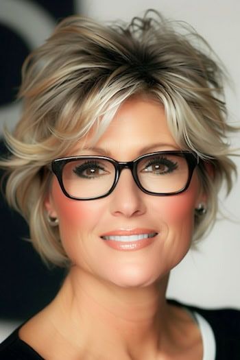 Highlighted Feathered Layers Peinado Corto Para Mujeres Mayores De 50 Con Gafas.