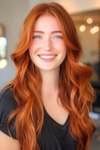 Ondas largas sueltas cobrizas con mechas.