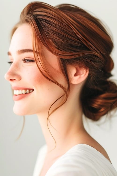 Moño bajo y sonriente mujer de más de 40 años pelirroja.