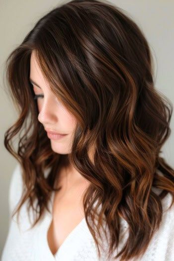 Castaño Caoba con Miel Balayage Hair Color Idea.