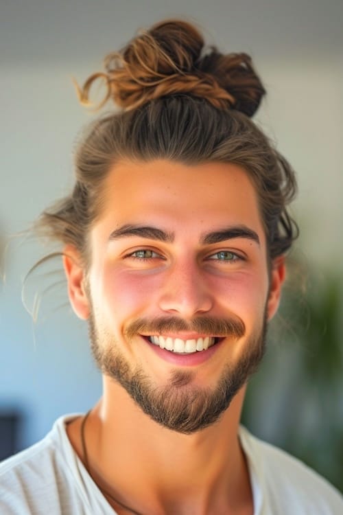 Hombre moño peinado nudo superior en el hombre sonriente con barba.