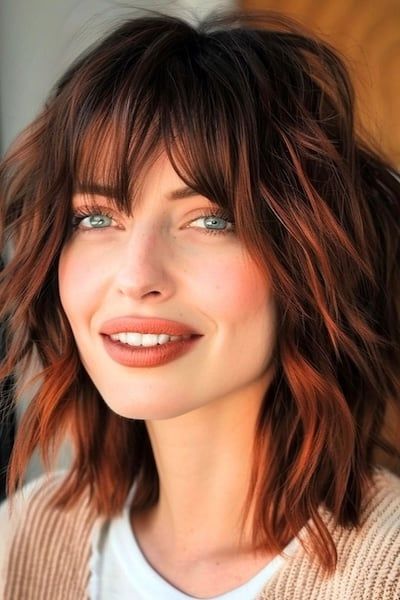 Choppy Shoulder-Length Shag with Bangs Peinado de media melena con flequillo.