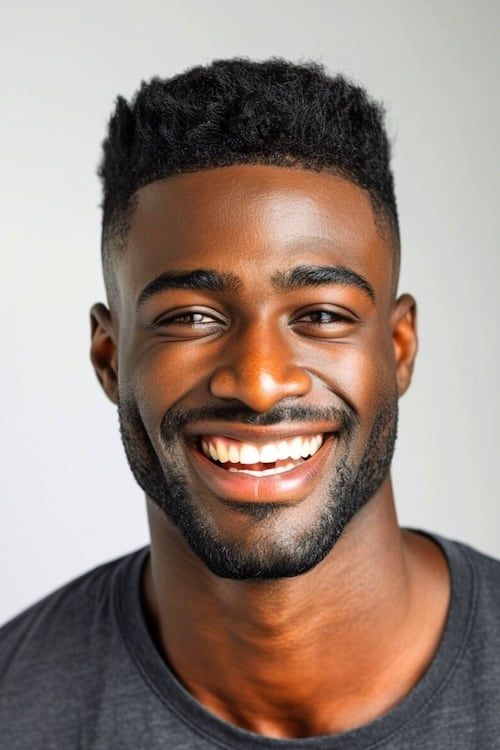 High top fade mens haircut on smiling black man.
