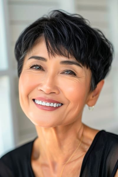Corte de pelo recto para mujeres de más de 60 años. Pixie con flequillo
