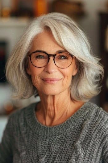 Bob largo con capas que enmarcan la cara Peinado para mujeres de más de 70 años con gafas.a