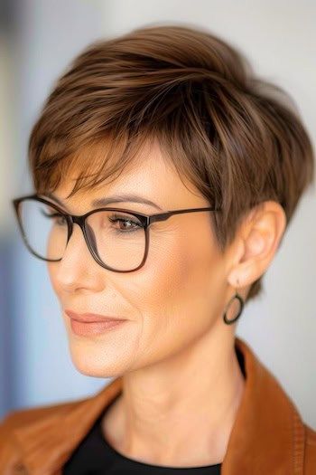 Redondeado Pixie peinado corto para mujeres mayores de 50 años con gafas.