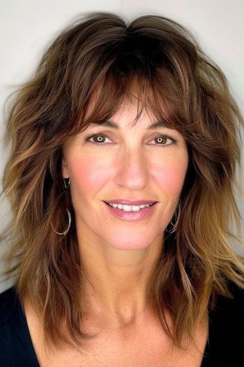 Corte de pelo Shag con flequillo para mujeres de más de 50 años con pelo fino.