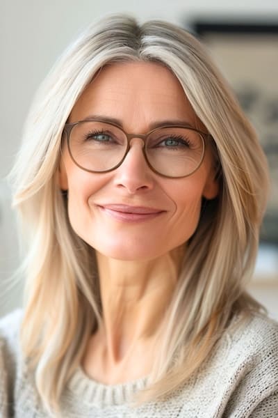 Peinado recto con corte a la altura de los hombros para mujeres de más de 50 años con gafas.