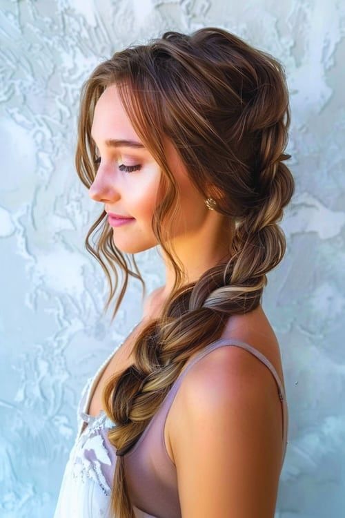 Idea de peinado de graduación con trenza lateral voluminosa.